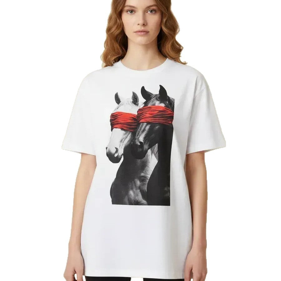 Harajuku Loose Short-Sleeved Round Neck T-Shirt for Women — Loose Fit Cotton Tee (White / Black)