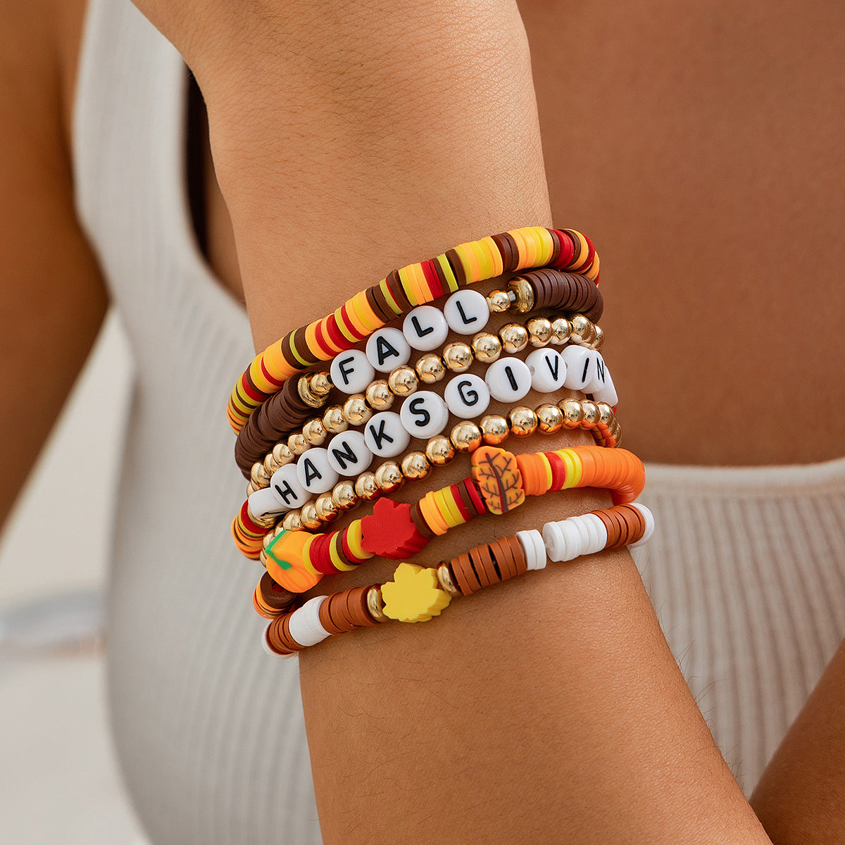 Playful Thanksgiving Letter Bracelet Set