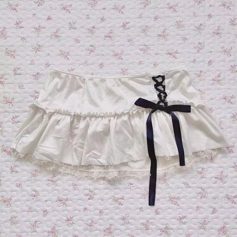 Elastic Waist Lace Short Skirt with Ribbon Bow Design