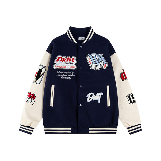 Letter Embroidered Leather Varsity Jacket