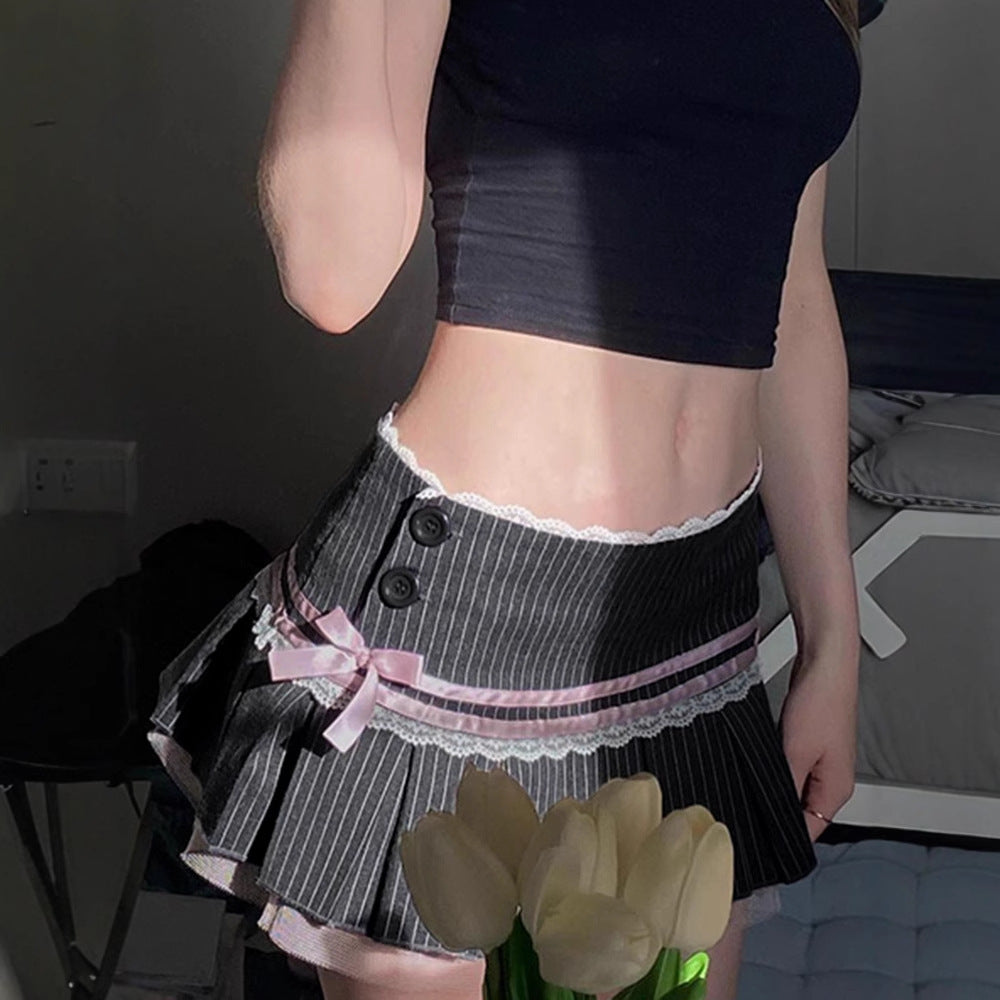 Lace-Up Striped Bow Lace Spliced Pleated Skirt