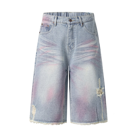 Distressed Washed Unique Design Seven-Quarter Denim Shorts