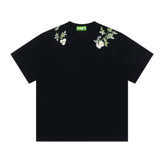 Floral Letter Embroidery Crew Neck T-Shirt