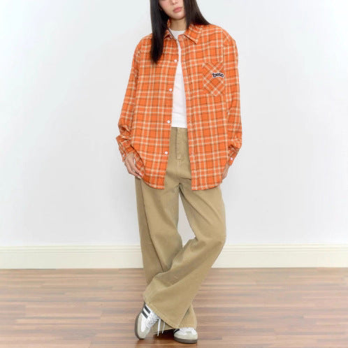 Orange Loose Embroidered Plaid Shirt Blouse for Women, Vintage Casual Shirt Jacket