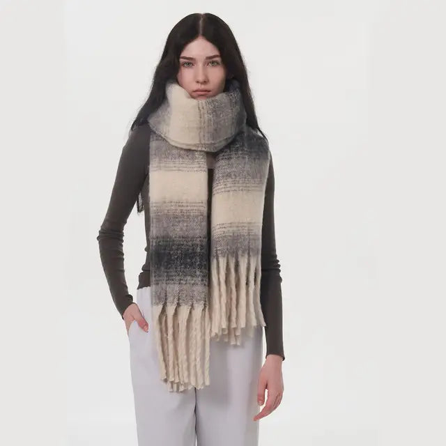 Gradient Color Block Cashmere Scarf with Tassels