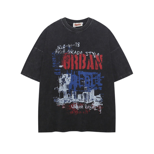Graffiti Letter Print Faded Cotton Short Sleeve Tee