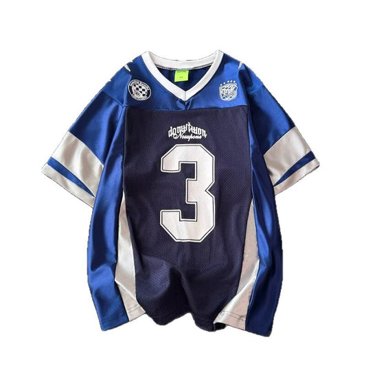 Retro Patchwork V-Neck Ice Hockey T-Shirt