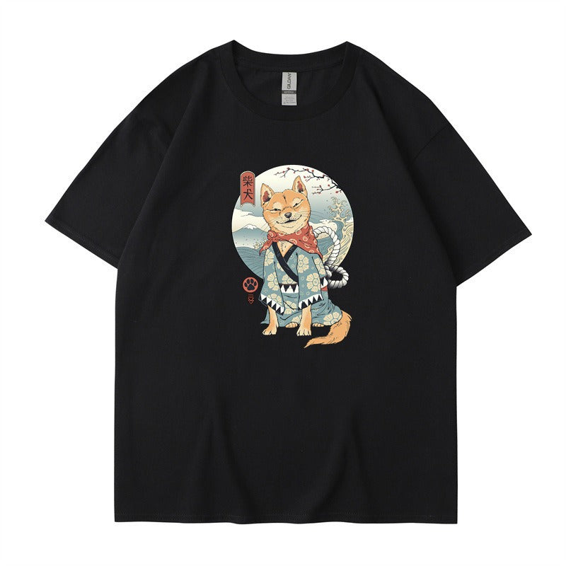 Chai Gou Ukiyo-e Style Shibu Inu Round Neck Short Sleeved Casual Top for Men