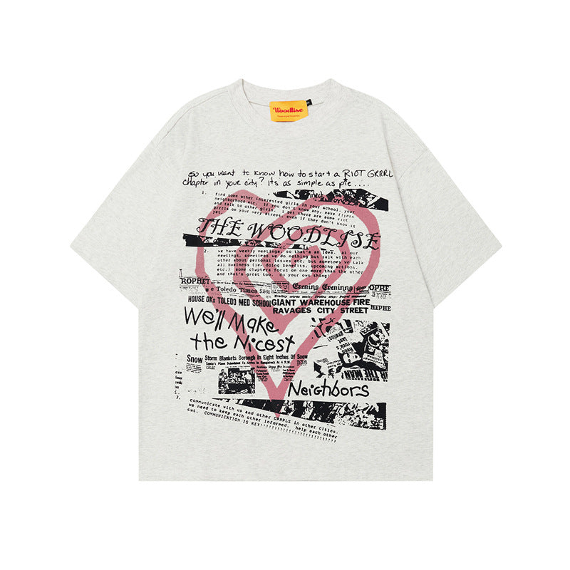 Street Heart Print Loose Short Sleeve T-Shirt for Women and Men Summer Couple Round Neck Oversize Top