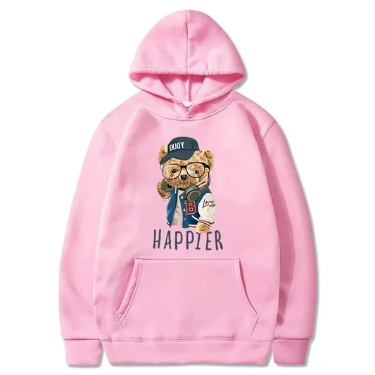 Cartoon Cute  Bear Pattern Printed Hooded Sweatshirt Unisex Long Sleeve Casual Outerwear Top