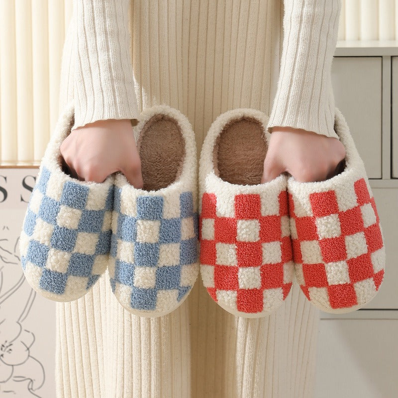 New Winter Checkerboard Cotton Slippers