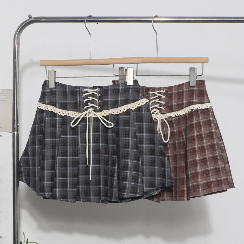 Checkered Midi Skirt with Women's Lace Edge Decoration and Lace-Up Detail, Pleated Short Skirt