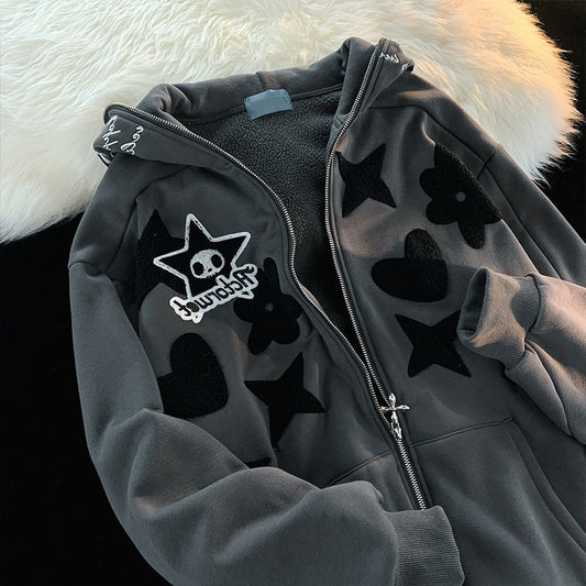 Harajuku Style Velvet Letter Embroidery Hoodie Cardigan
