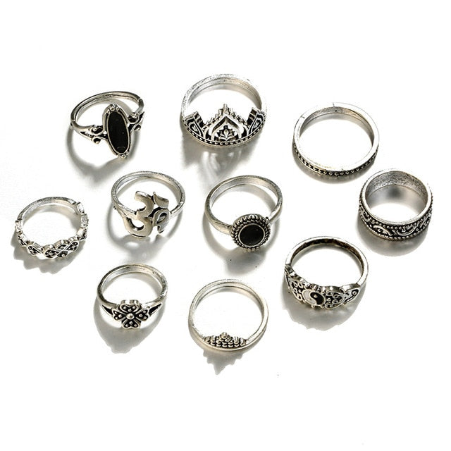 10pcs Bohemian Antique Silver Crown Star Moon Flower Rings Set