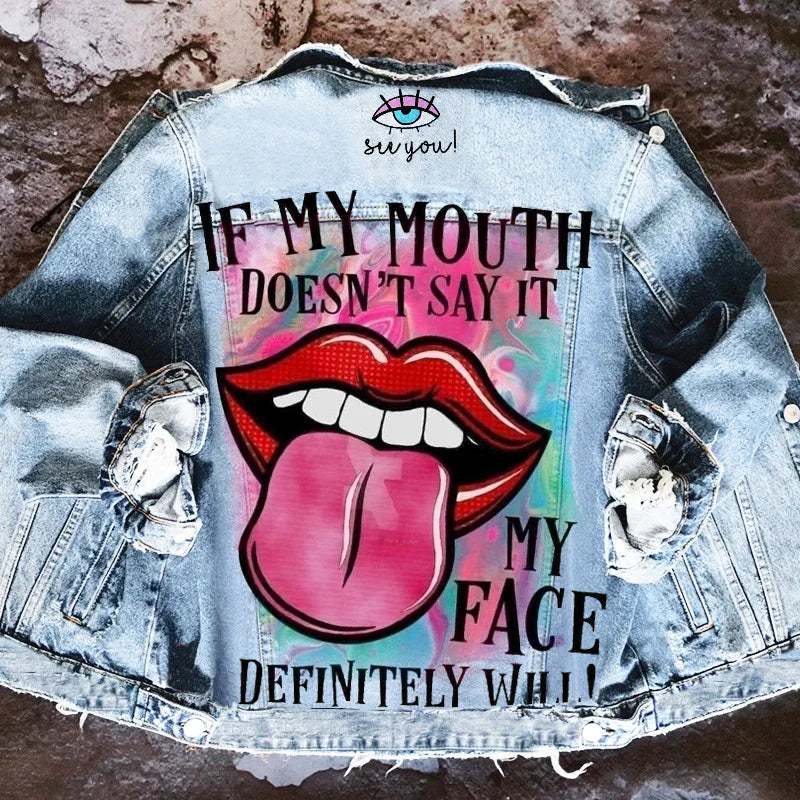 Playful Denim Jacket with Tongue Out Print
