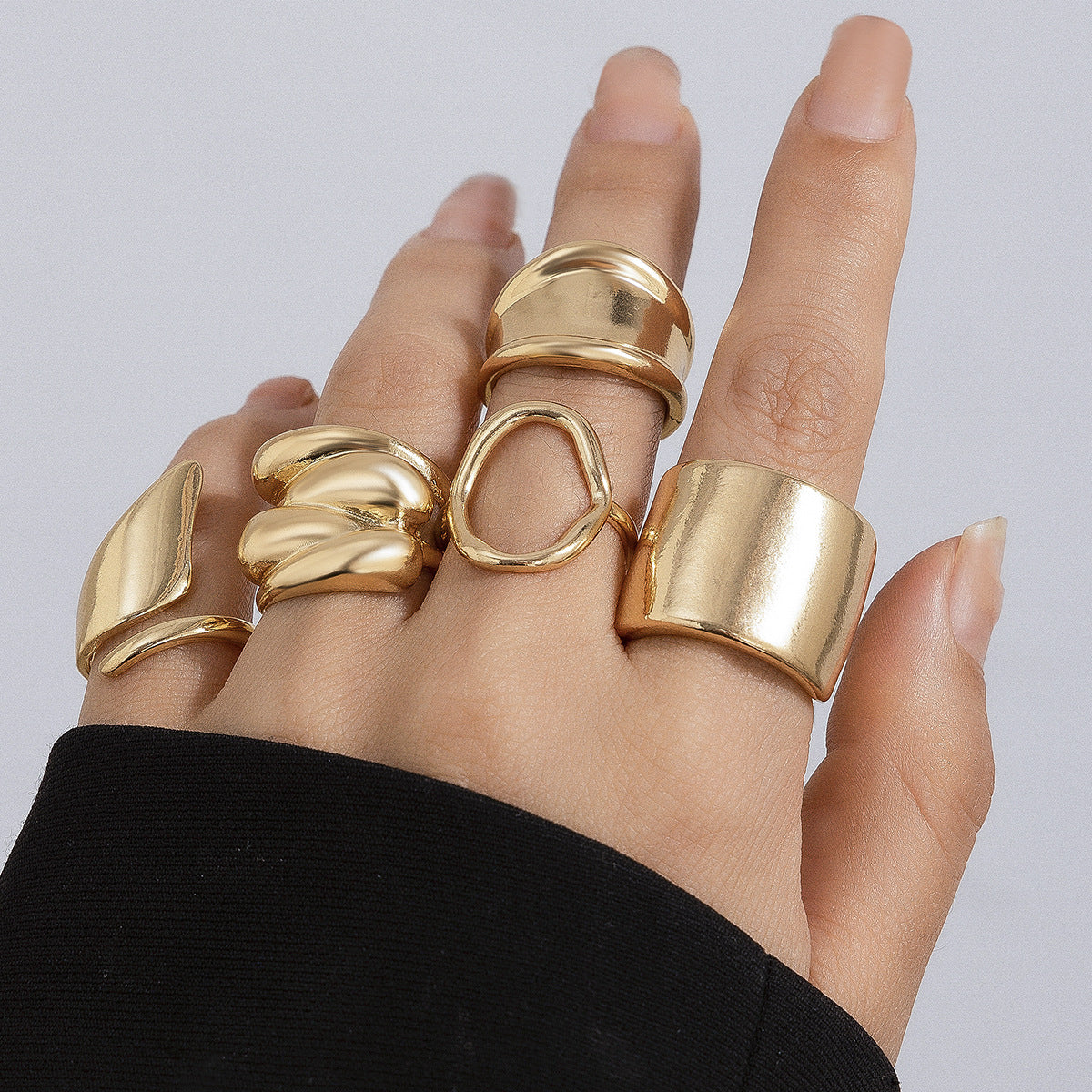 Geometric Metal Lava Line Ring Set - Harajuku Style