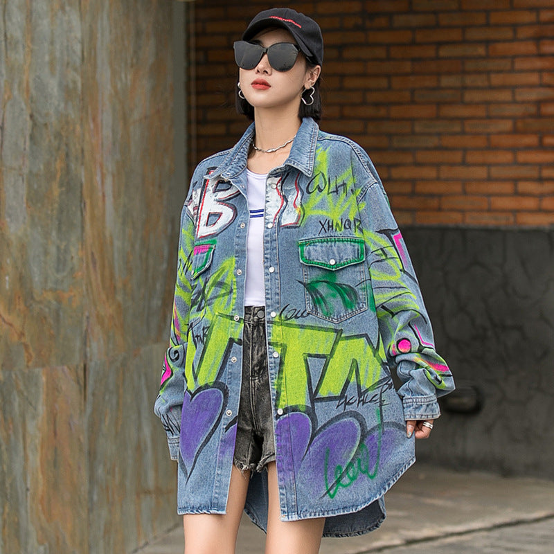 Women's Harajuku Style Casual Graffiti Denim Jacket