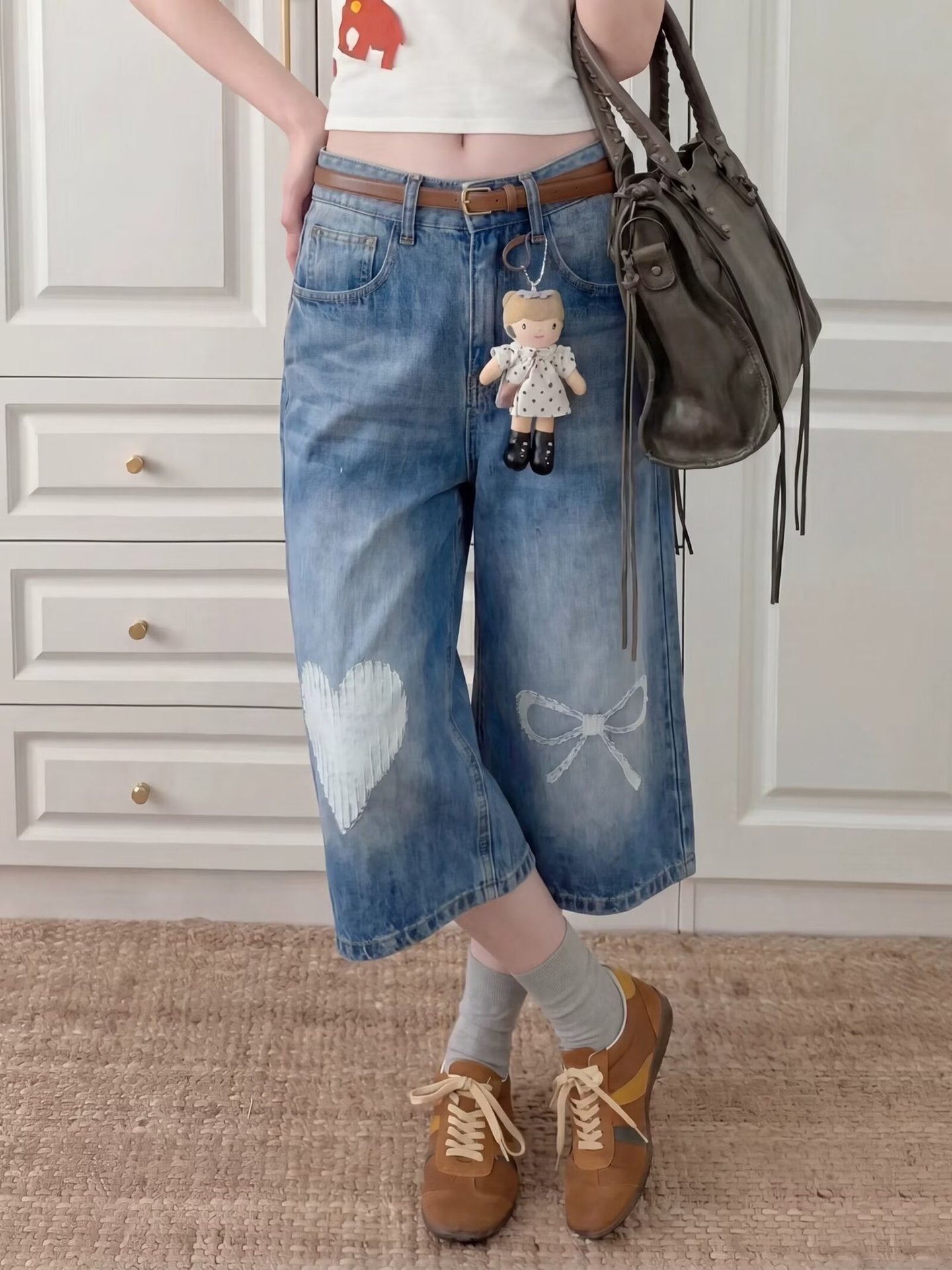 Harajuku Design Jeans Washed Bleached Loose Straight Leg Drape Wide Leg Pants - XGN-D112 Blue