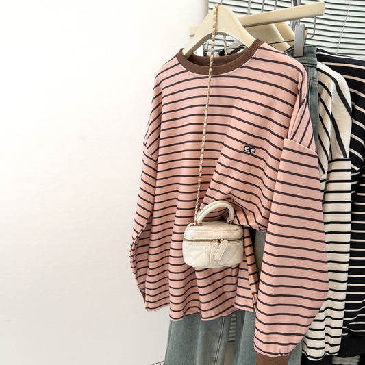 Chic Casual Striped Long Sleeve Warm Loose Fit Top for Women
