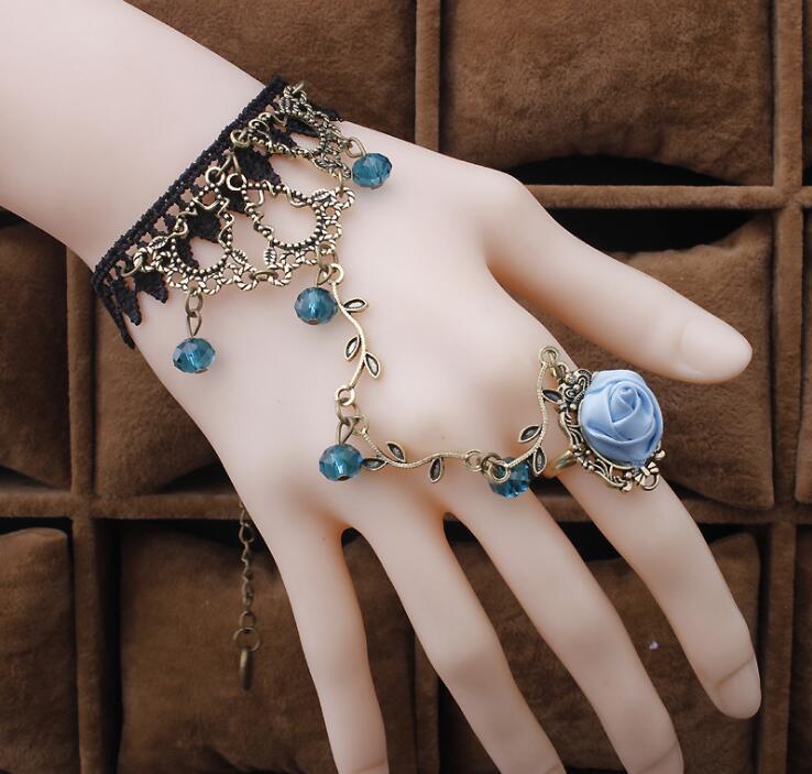 Retro Flower Vine Lace Bracelet with Ring - Harajuku Style