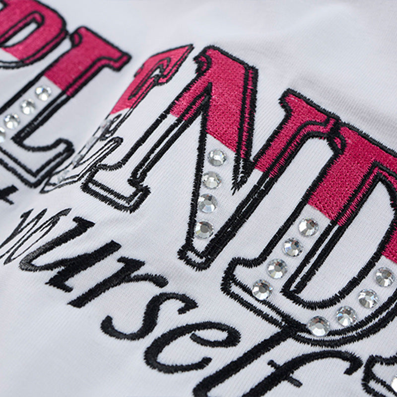 Color Blocking Rhinestone Letter Embroidery Short-Sleeved T-Shirt — Harajuku Street Style