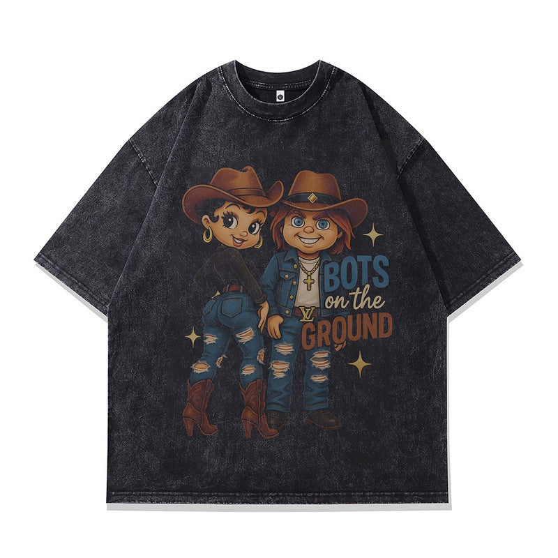 Harajuku Style Printed Couple T-Shirt - Water Washed Loose Fit