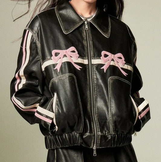 Harajuku Style Women's Bow PU Motorcycle Leather Jacket