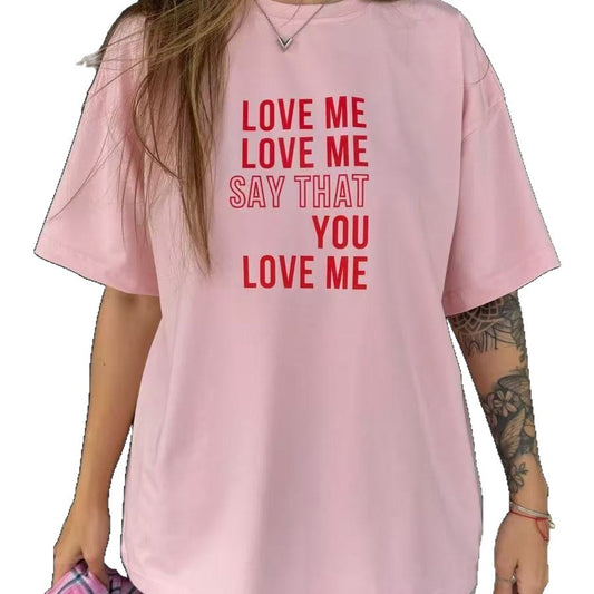 Harajuku Round Neck Short Sleeve T-Shirt for Women — Pink Cotton Loose Fit Harajuku Style