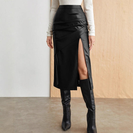 Solid Color High-Waisted Figure-Hugging Split Skirt