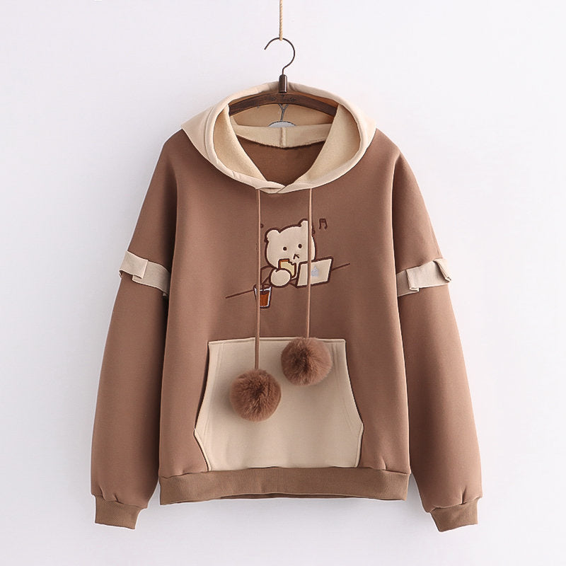Cute Cartoon Hooded Sweatshirt for Couples with Patchwork Design