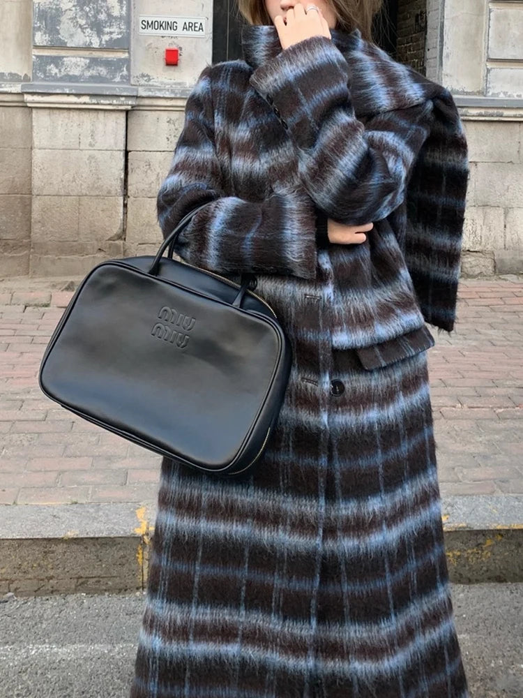 Harajuku Plaid Spliced Woolen Coat for Women