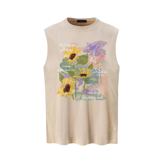 Sunflower Printed Vest — Vintage Cotton Blend Loose Fit Harajuku Style