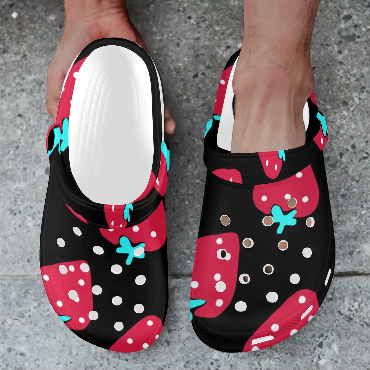 Red Strawberry Black Pattern Print Adults Clogs