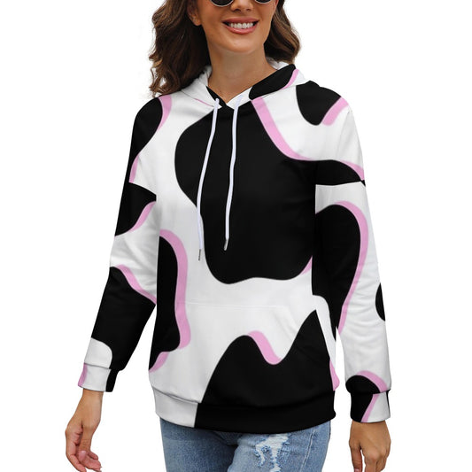 Black and Pink Cow Pattern Dropped Sleeve Hoodie
