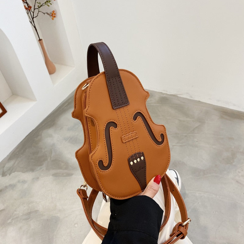 Playful Brown Violin Shape PU Leather Shoulder Bag
