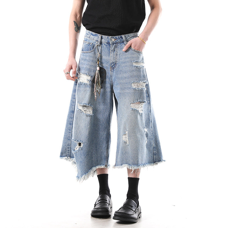 Playful Irregular Tassel Ripped Cropped Pants