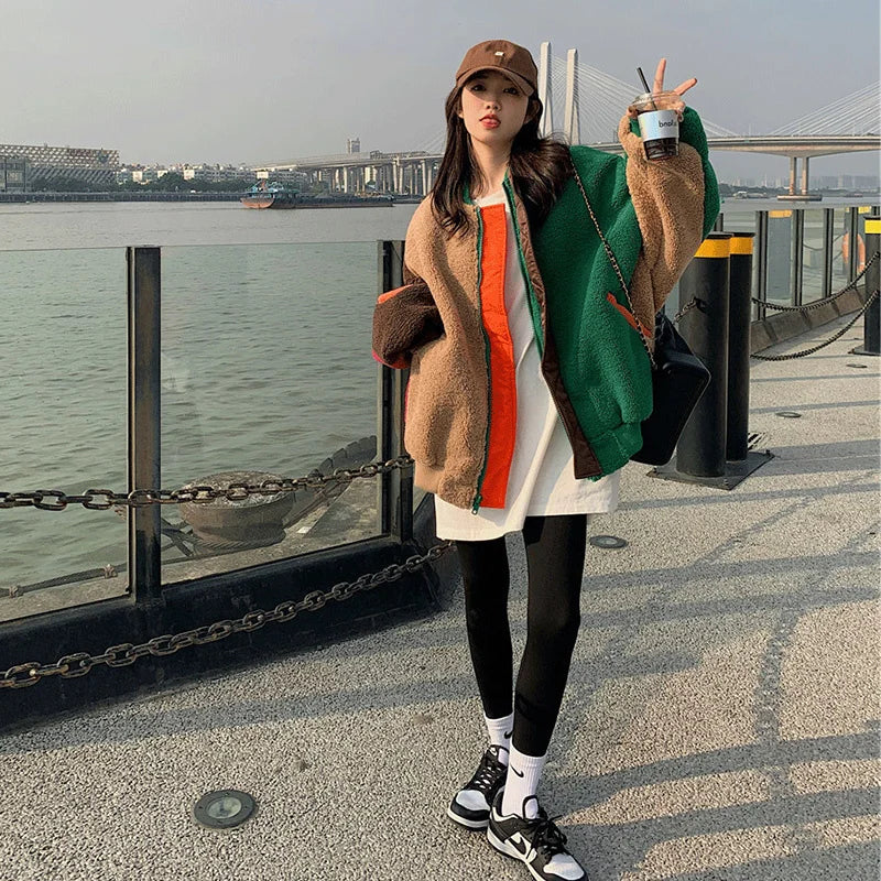 Playful Color Block Plush Cardigan for Harajuku Style