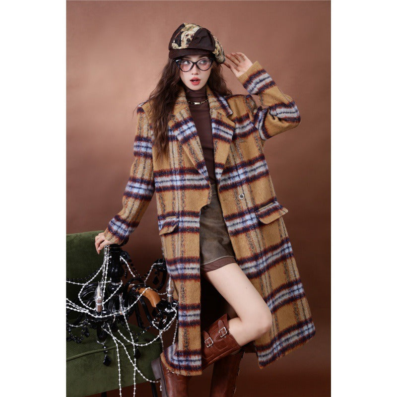 Playful Plaid Woolen Coat for Women - Harajuku Style