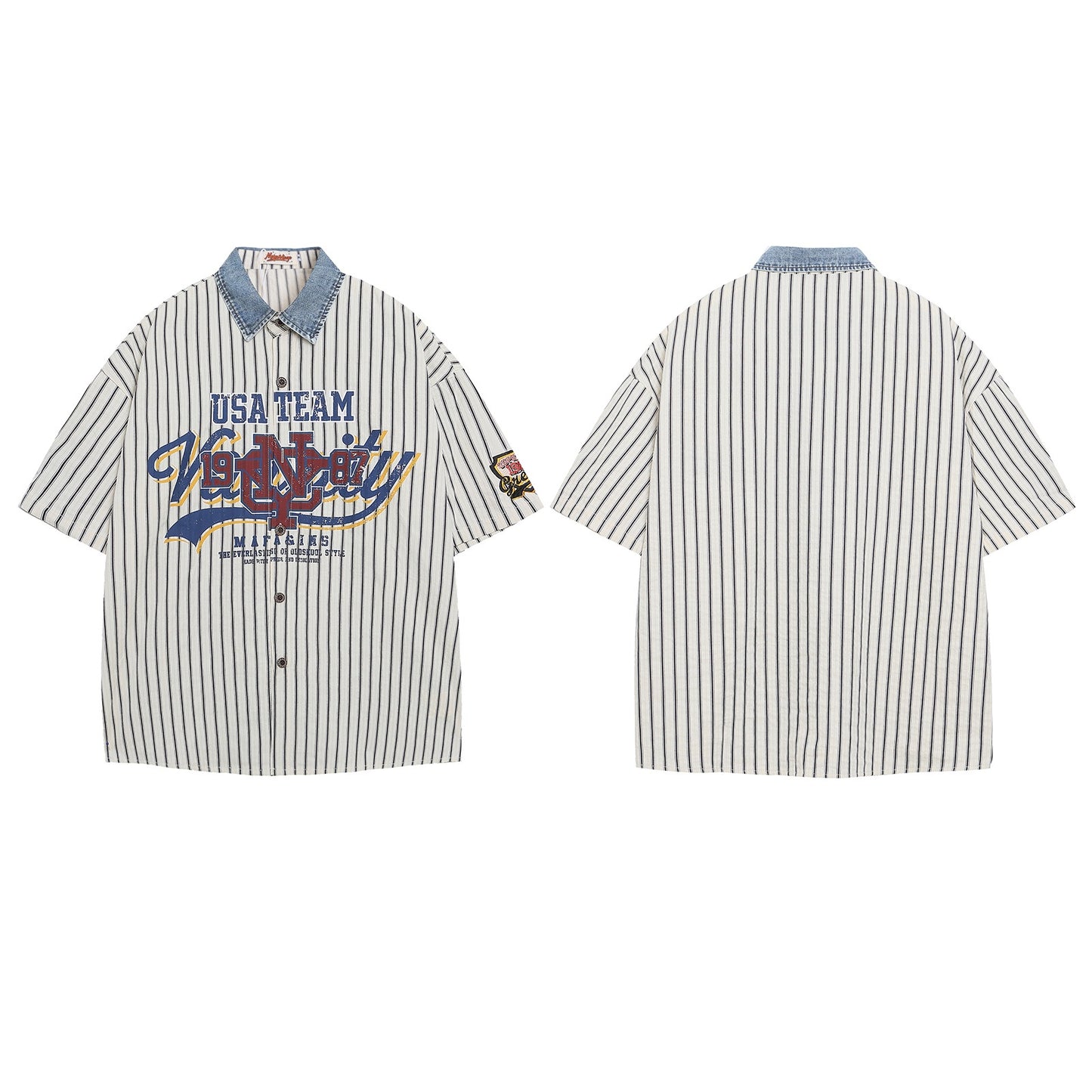 Retro Spliced Letter Print Striped Blouse