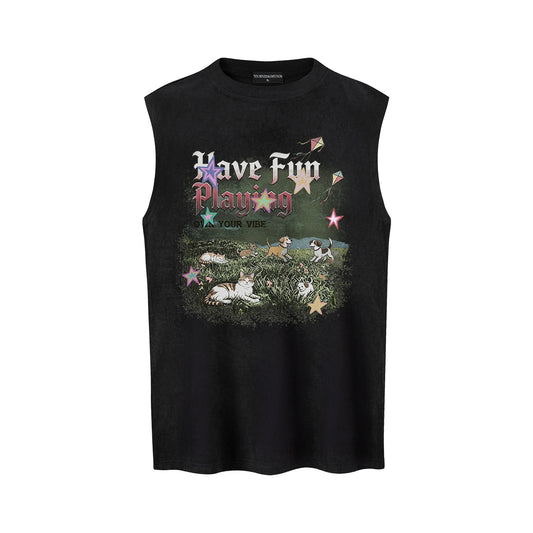 Make Old Cat & Dog Printed Vest — Harajuku Vintage Streetwear Tank