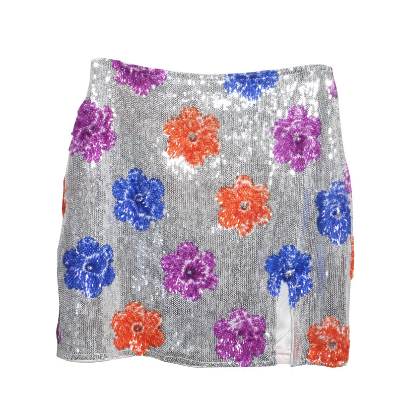 Retro Sparkling Flower Sequin Mini Skirt