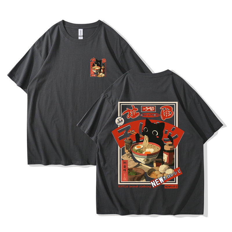 Harajuku Cat Cartoon Eating Noodles Graphic Unisex Casual Short Sleeve T-Shirt