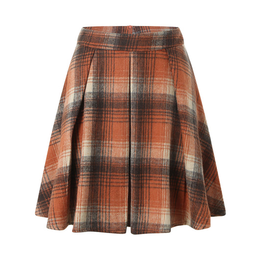 New Women's Casual Retro Short Skirt with Splicing Plaid Belt and Pleated Design