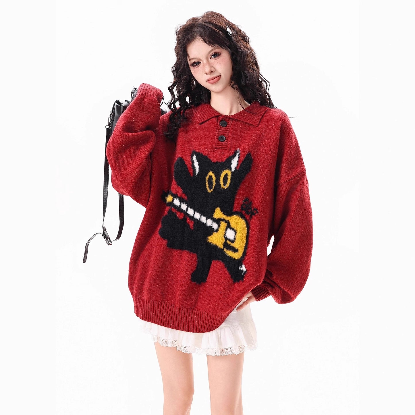Polo collar cat sweater