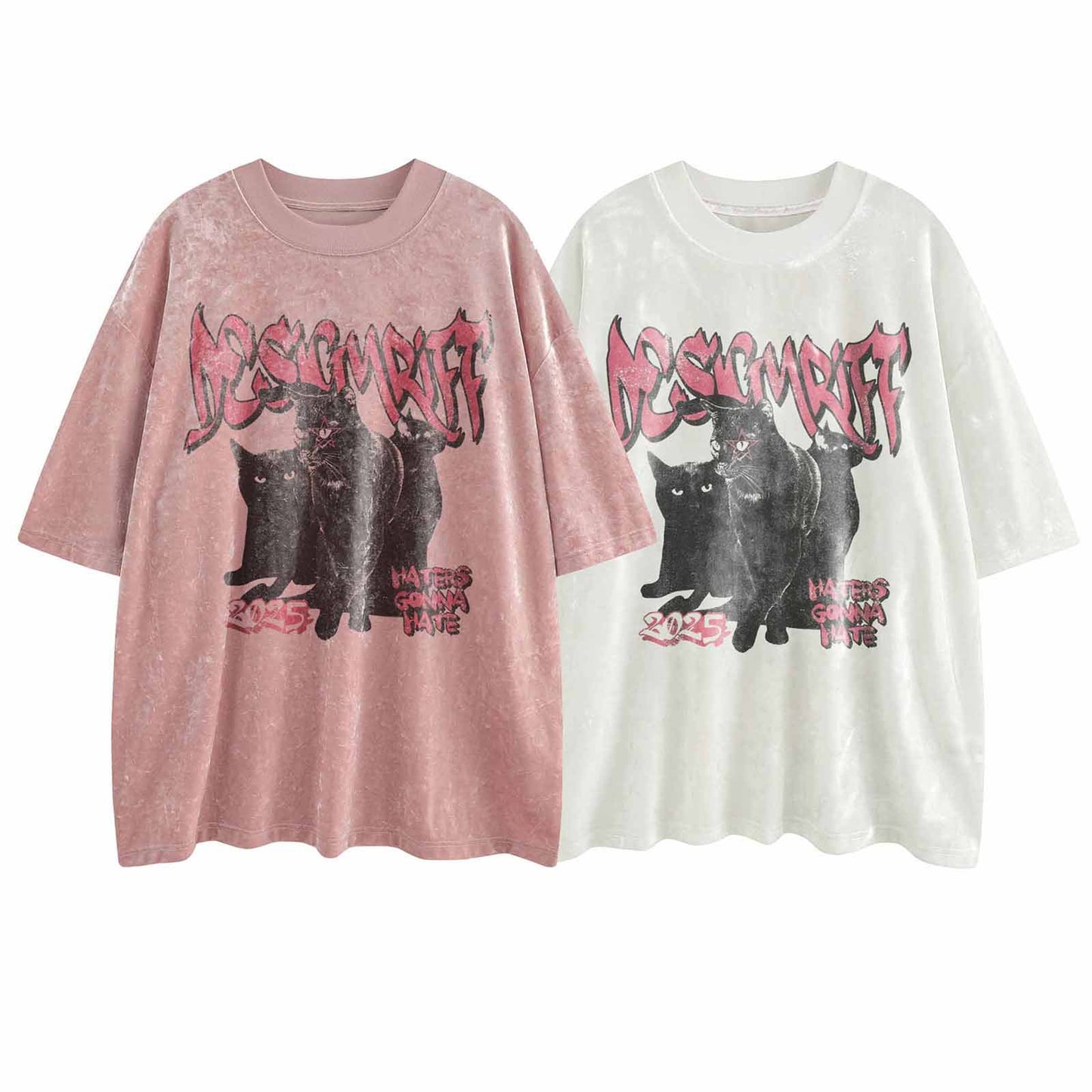 Trendy Cat Print Velvet T-Shirt - Unisex Oversized Style