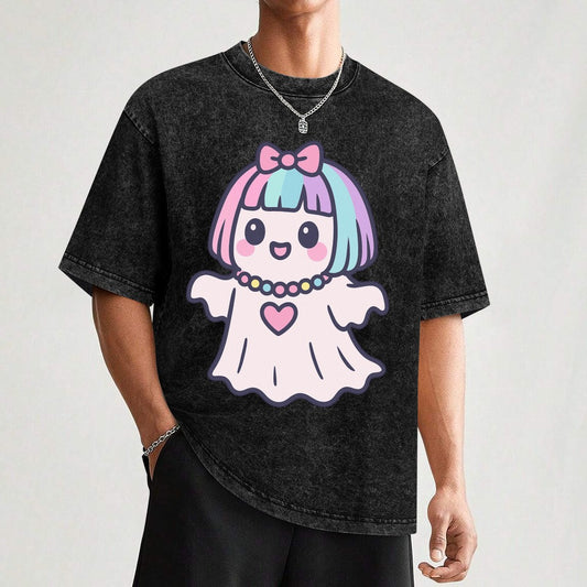 Kawaii Harajuku Ghost Vintage Wash Off Shoulder Tee