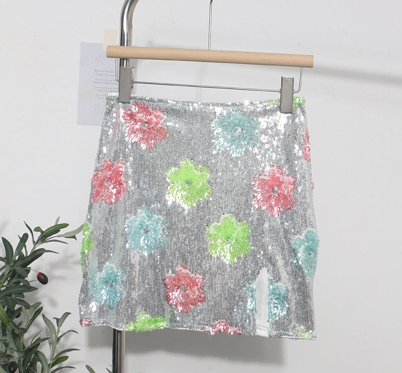 Retro Sparkling Flower Sequin Mini Skirt