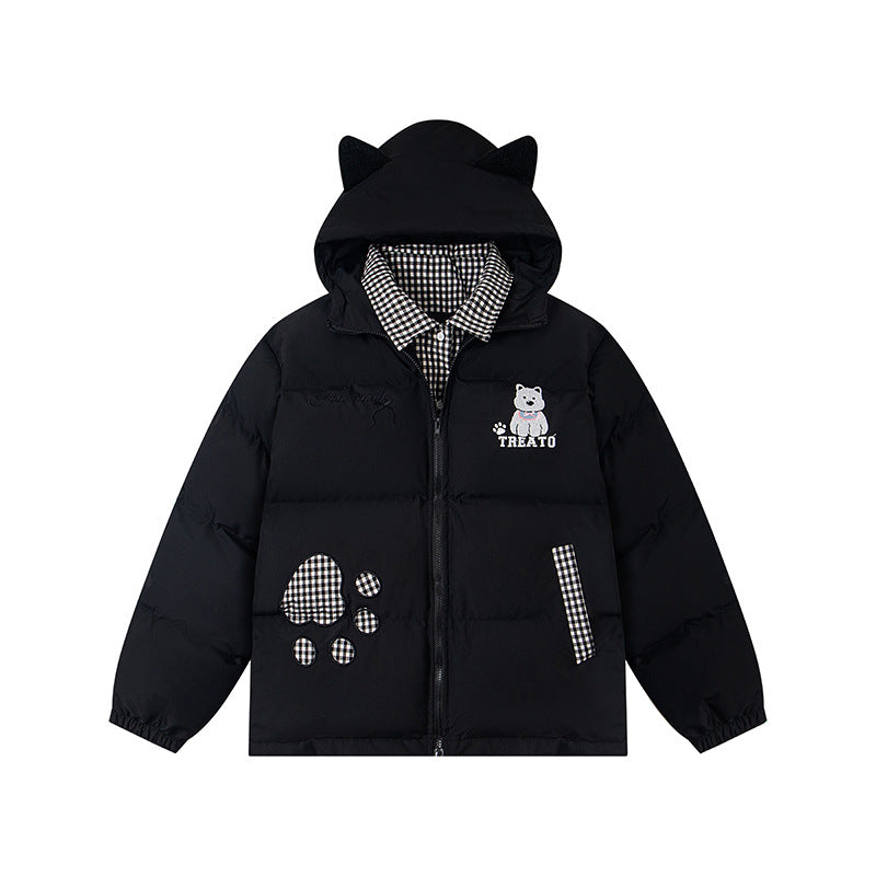 Hooded Cotton Coat Loose Fit with Embroidered Dog Warm Puffer Jacket