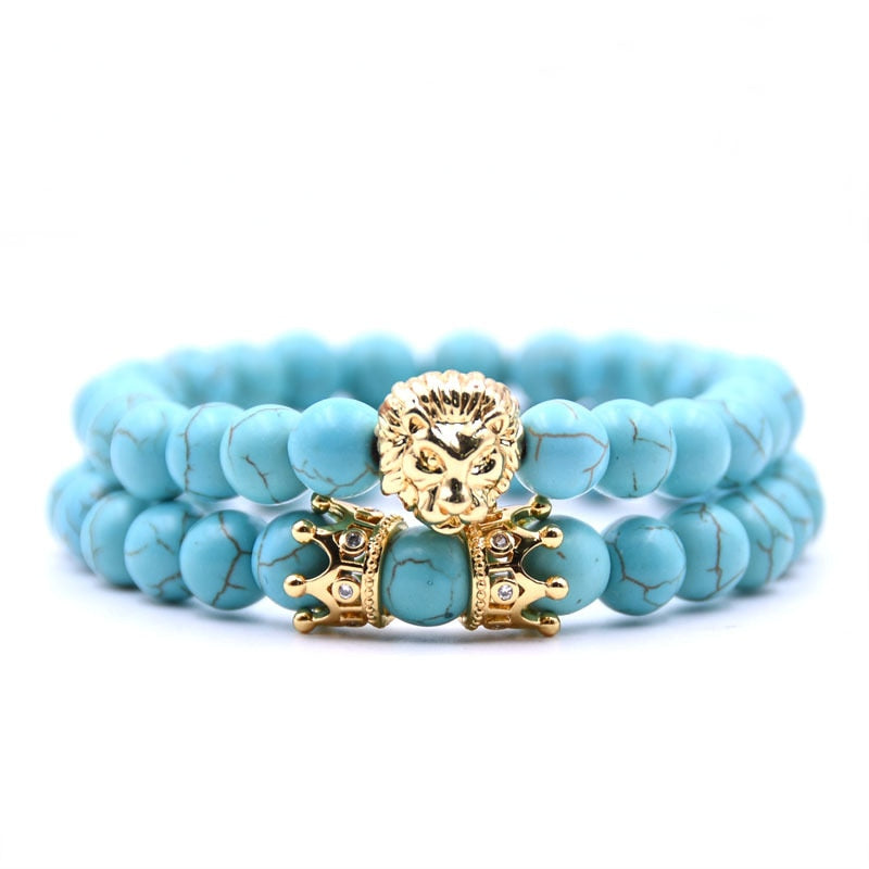 King Lion Couple Bracelet with Natural Stone Beads