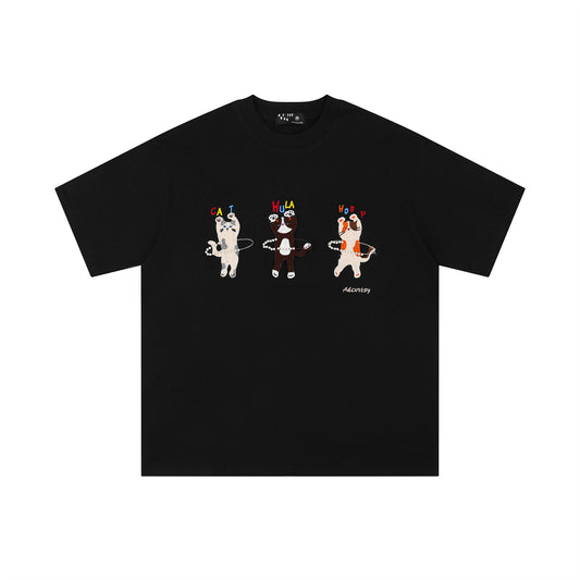 Playful Rhinestone Hula Hoop Cat Embroidery T-Shirt
